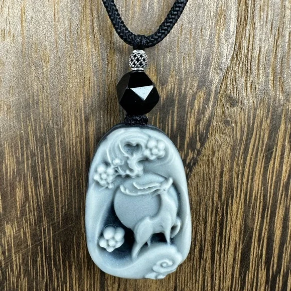 Tai Chi Stone Deer Pendant Necklace on Black Adjustable Rope - Picture 9 of 11